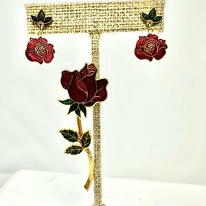 Vintage Gold Toned Rose Earrings with Brooch / necklace pendant